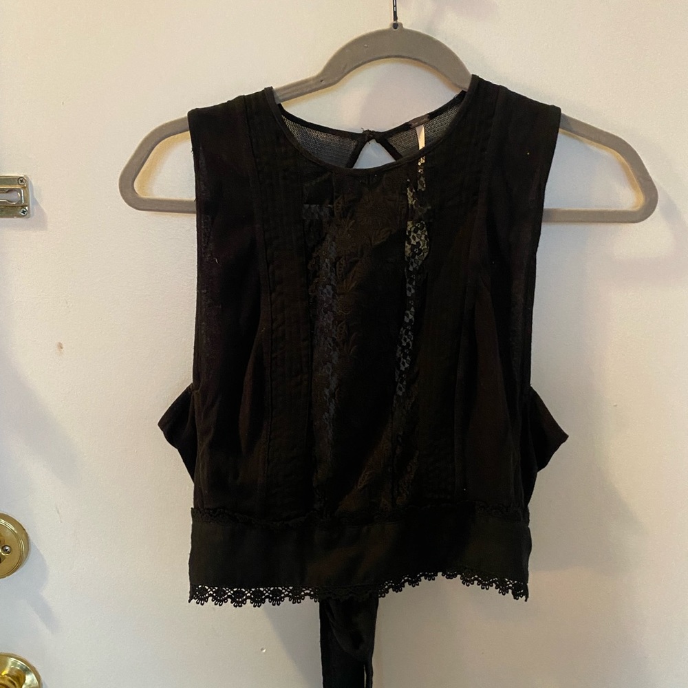Free People cropped open tie back too. Black with floral detail. Size small.